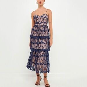 NWT Endless Rose Crochet Tiered Layered Tulle Midi Dress in Navy